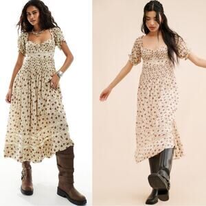 Free People Floral Midi Dress - Cream and Brown